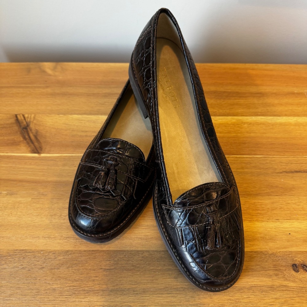 Talbots Women 9 Dark Brown Croc Embossed Leather Tassel Loafers Low Heel Shoes - Picture 6 of 14